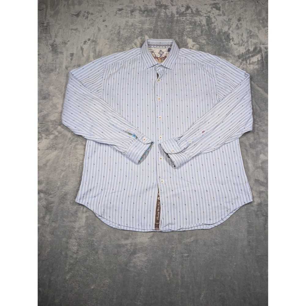 Robert Graham Shirt Mens 2XL Blue Stripe Paisley Long Sleeve Button Up Casual